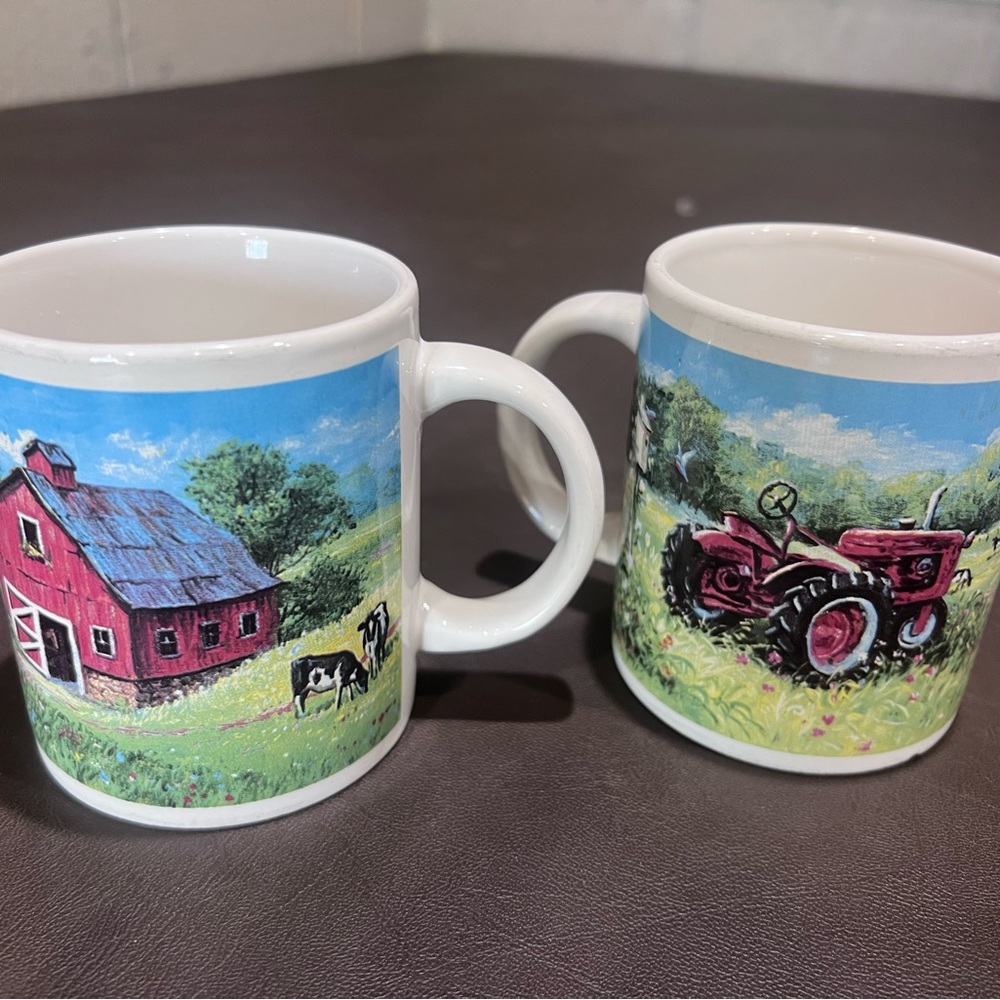 2 Vintage  Chestnut Creek Coffee Cup Mug Tractor Farm Barn Houston Harvest COWS